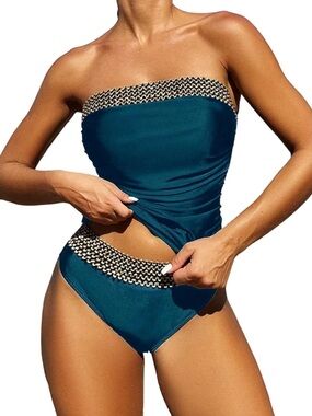 WDIRARA Teal Bandeau Tankini Set Medium Strapless Ruched Sequin Swim
